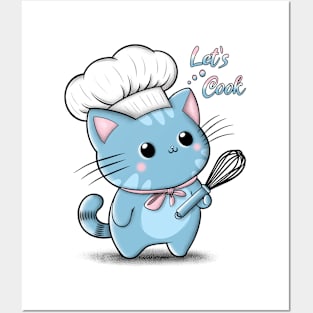 Cute cartoon chef cat with let's cook words Posters and Art